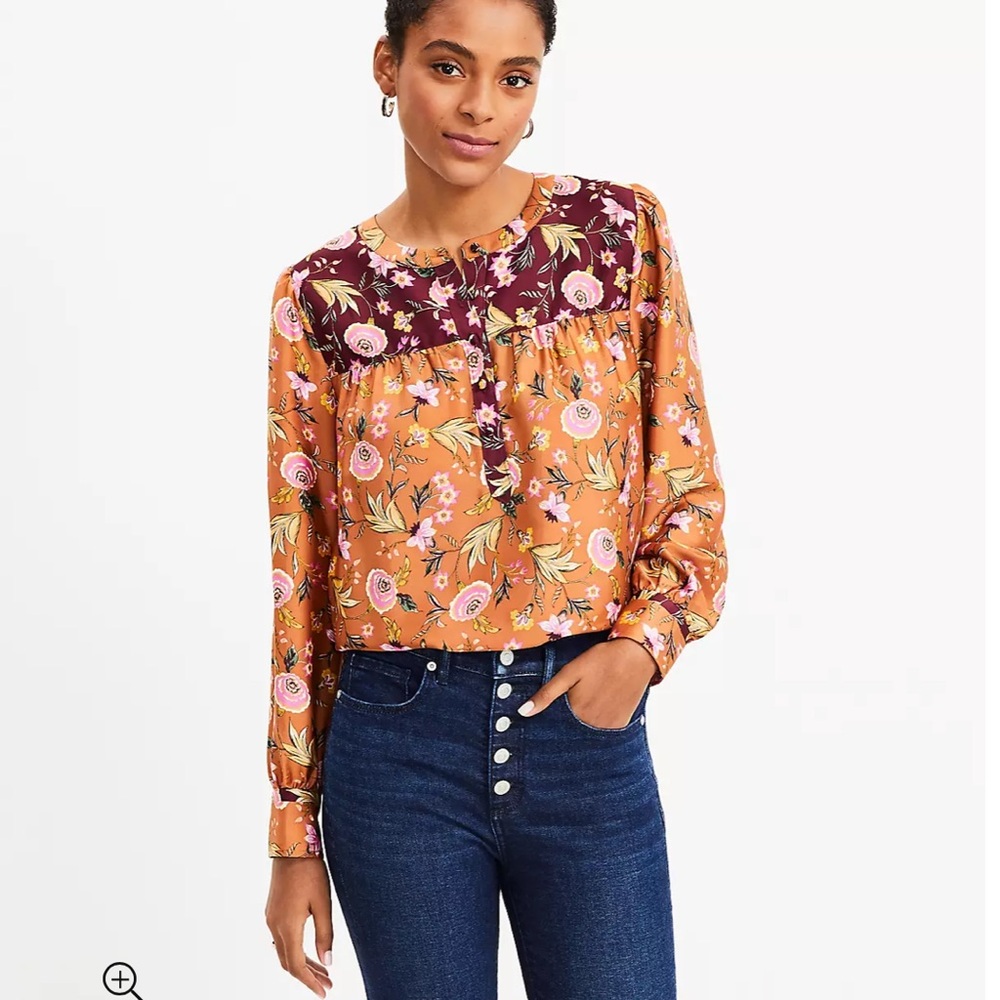 Loft Mixed Print Henley Blouse Medium
